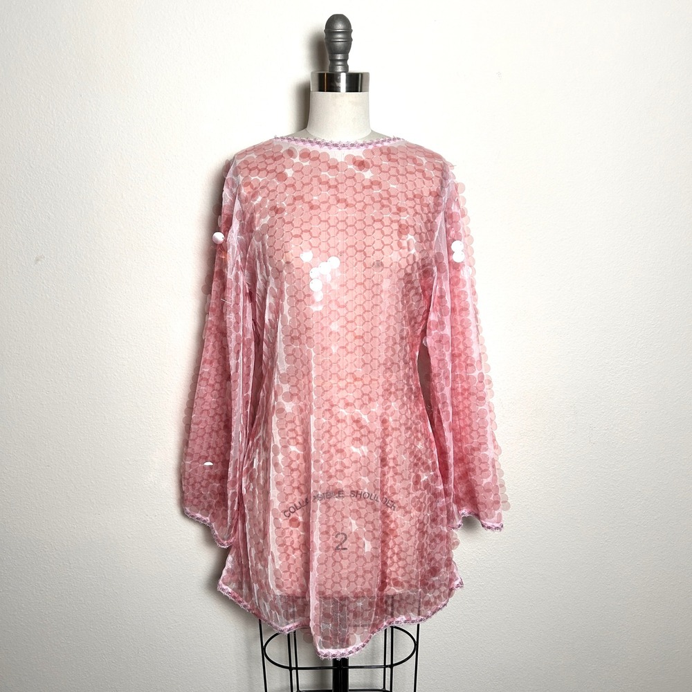 Celandine Pink Sequin Mesh Open Back Bell Sleeve Party Mini Dress Women XS/S NWT